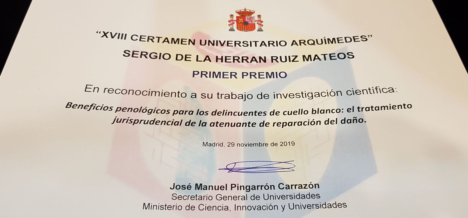 Sergio de la Herrán Ruiz-Mateos, alumno del Master de Abogacía de la Universidad de Cádiz, ha sido el ganador de la edición 2019 del Certamen Universitario Arquímedes que organiza el Ministerio de Ciencia, Innovación y Universidades